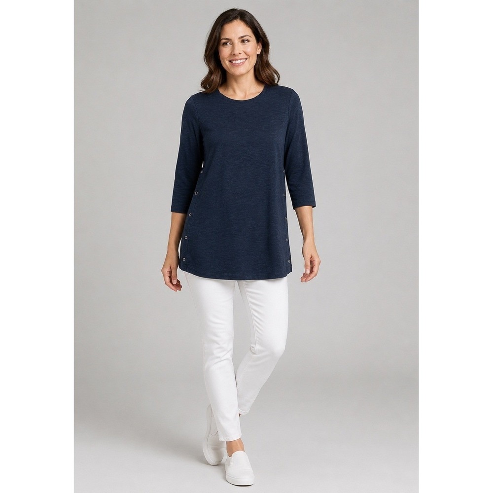J. Jill Waffle Knit Tunic Top Womens Small Navy Blue 100% Cotton Snap Sides